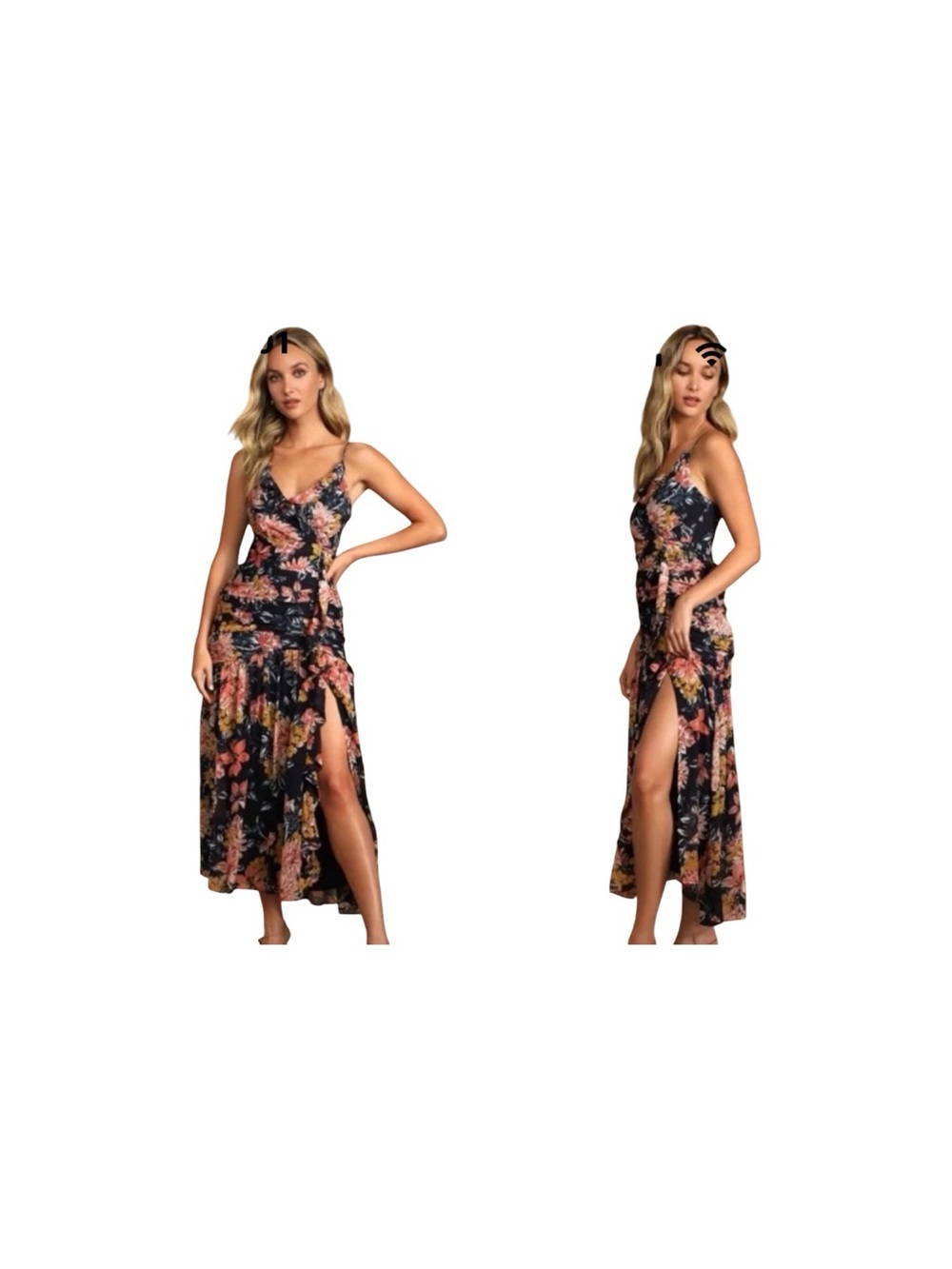 Lulus Stunning Soirée Navy Blue Floral Print Ruched Ruffle Neck Midi Dress M